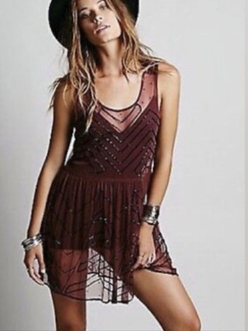 Free People Sheer Beaded Maroon Tank Dress Size Medim